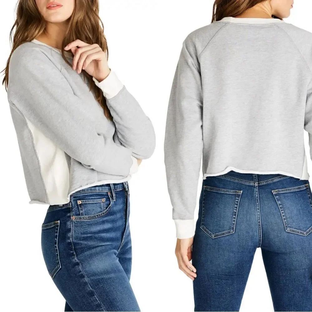 Etica Yara Light Gray White French Terry Cropped Pullover Sweatshirt Sz S